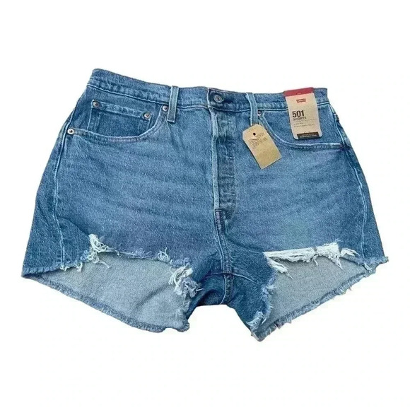 Women’s Levi’s 501 Original Jean Shorts Size 32 US 14 Distressed Medium Blue - Picture 1 of 10